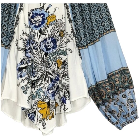 Free People Positano Blouse Ivory Multi Patchwork Balloon Sleeve XS - Picture 4 of 10